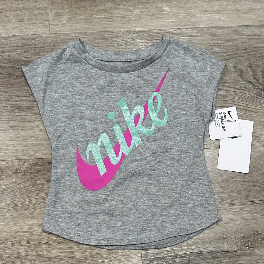 Nike Kids Gray Tee with Pink and Blue Logo